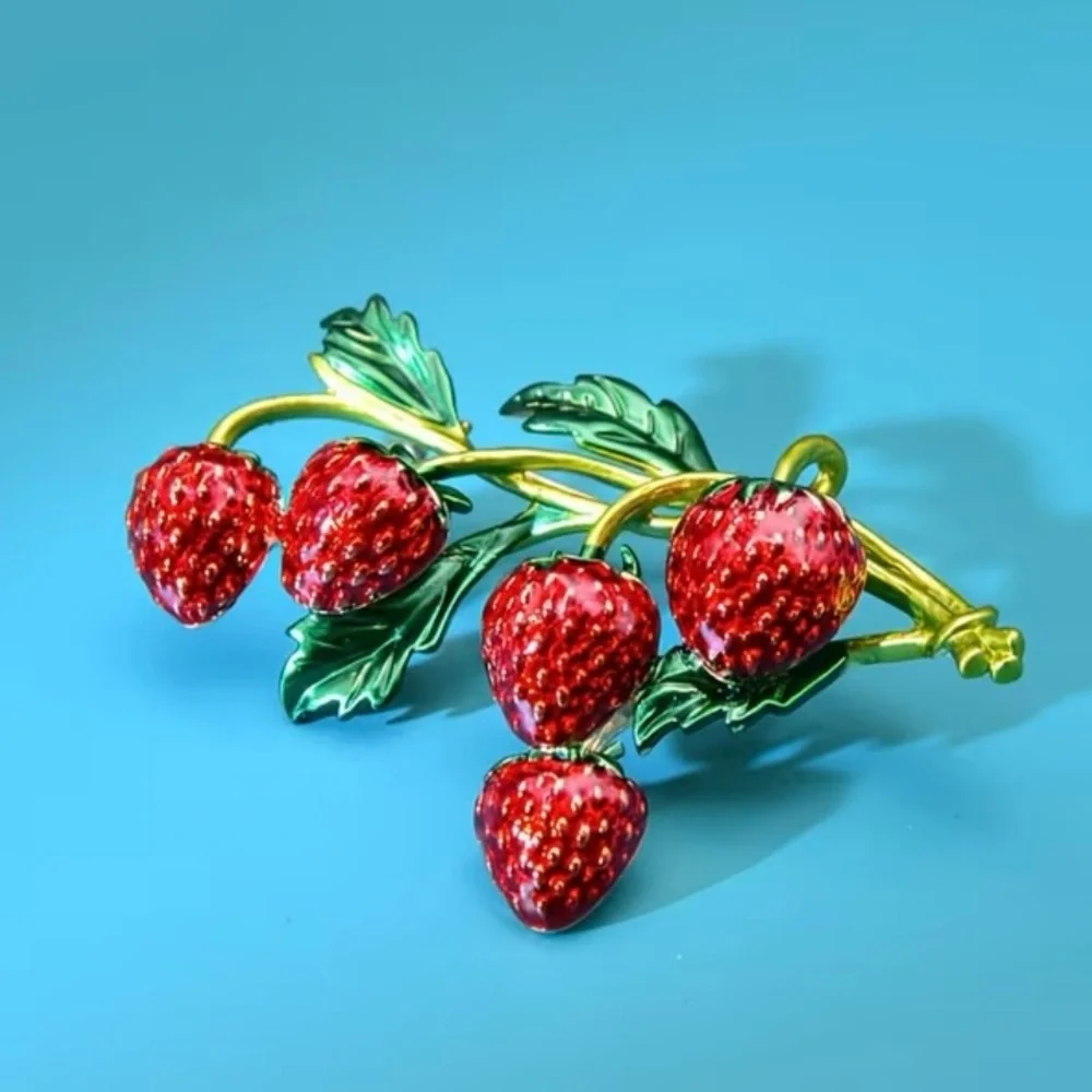 Red Strawberry Branch Enamel Brooch - Gold & Green Accents